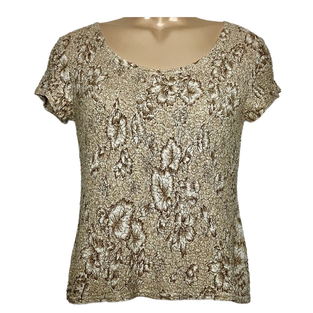 😎 Worthington Cream and Tan Fitted Short Sleeve Blouse